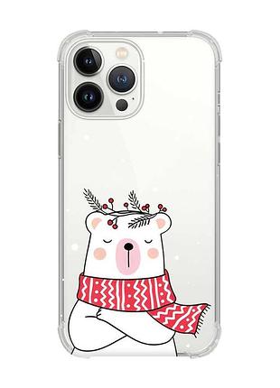 Чехол с утолщёнными углами на iphone 14 pro :: медведь в шарфе (новогодний принт 147)