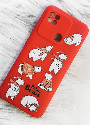 Матовый красный чехол на xiaomi redmi 9c мишки (принт 145)