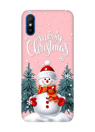 Матовий рожевий чохол на xiaomi redmi 9a сніговик (новорічний принт 152)