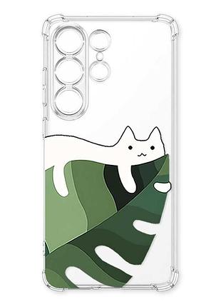 Чехол с утолщёнными углами на samsung galaxy s26 ultra кот на листе (принт 367)