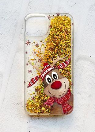 Чехол с плавающими блестками на iphone 13 :: золотой :: зимний олень (принт 149)