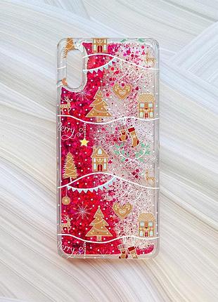 Чохол з плаваючими блискітками для xiaomi redmi 9a рожевий фон різдво (принт 201)