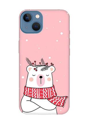 Матовий рожевий чохол на apple iphone 13 ведмідь у шарфі (принт 147)