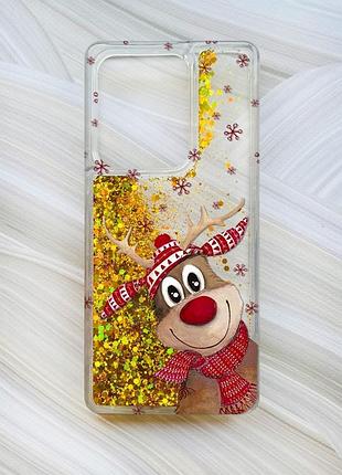 Чохол з плаваючими блискітками на xiaomi redmi 13c / poco c65 золотистий зимове оленятко (принт 149)