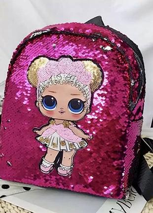 Рюкзак с пайетками и принтом куклой лол малиновый