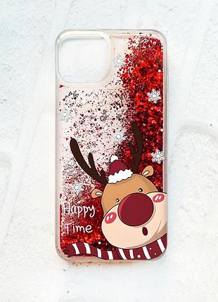 Чехол с плавающими блестками на iphone 13 :: красный :: зимний оленёнок (принт 155)