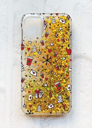 Чехол с плавающими блестками на iphone 11 :: золотой :: новогодний фон (принт 182)