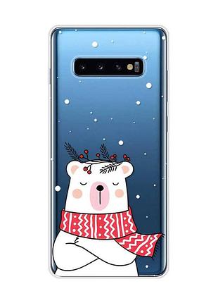 Прозрачный чехол на samsung galaxy s10 plus :: медведь в шарфе (принт 147)