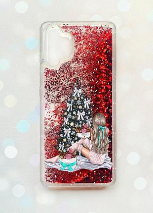 Чехол с плавающими блестками на samsung galaxy a32 красный девушка возле ёлки (принт 139)
