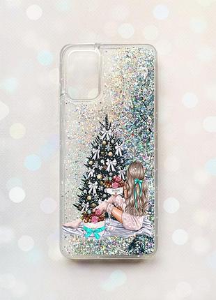 Чехол с плавающими блестками на samsung galaxy a03s (a037) серебряный девушка возле ёлки (принт 139)