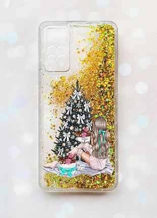 Чохол з плаваючими блискітками на xiaomi redmi note 11 pro золотий :: дівчина біля ялинки (принт 139)