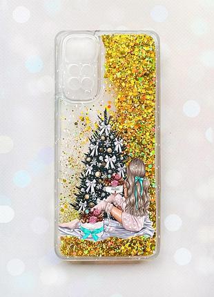 Чохол з плаваючими золотими блискітками на xiaomi redmi note 11 дівчина біля ялинки (принт 139)