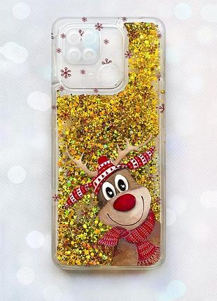 Чохол з плаваючими блискітками на xiaomi redmi 10с золотий :: зимове оленятко (принт 149)