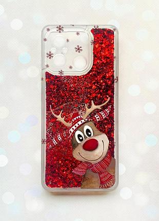 Чохол з плаваючими блискітками на xiaomi redmi 12c червоний :: зимове оленятко (принт 149)