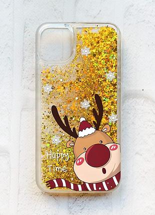 Чехол с плавающими золотыми блестками на iphone 11 зимний оленёнок (принт 155)