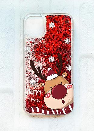 Чехол с плавающими блестками на iphone 11 :: красный :: зимний оленёнок (принт 155)