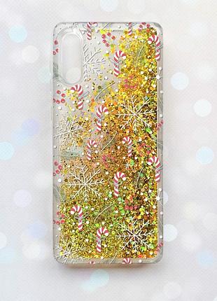 Чехол с плавающими блестками на samsung galaxy a02 / a022 (2021) золотой :: новогодний фон (принт 199)