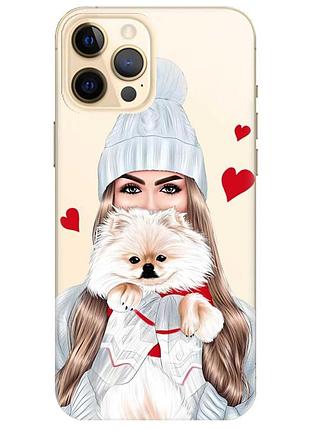 Прозрачный чехол на iphone 12 pro max девушка с собачкой (принт 142)