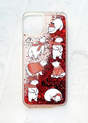 Чехол с плавающими блестками на iphone 14 красный :: мишки (новогодний принт 145)