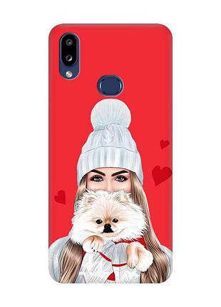 Матовый чехол с красными боками на samsung galaxy a10ѕ a107 :: девушка с собачкой (принт 142)