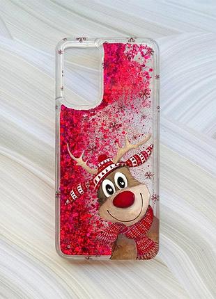 Чехол с плавающими блестками на xiaomi redmi note 11 розовый зимний олень (принт 149)