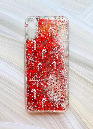 Чохол з плаваючими блискітками для xiaomi redmi 9a червоний новорічний фон (принт 199)