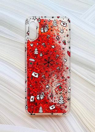 Чохол з плаваючими блискітками для xiaomi redmi 9a червоний новорічний фон (принт 182)