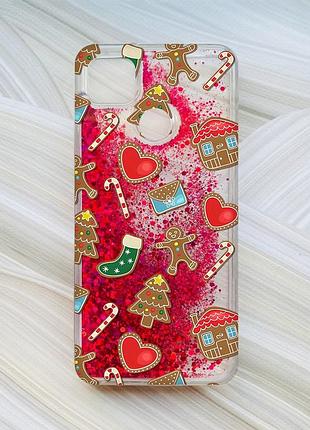 Чехол с плавающими блестками для xiaomi redmi 9c / 10a розовый рождественский фон (принт 181)
