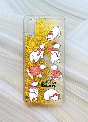 Чехол с плавающими блестками на xiaomi redmi 9a золотой мишки (принт 145)