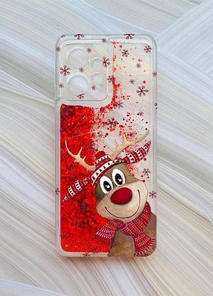 Чехол с плавающими красными блестками на xiaomi redmi note 12 4g зимний олень (принт 149)