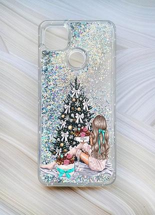 Чехол с плавающими блестками на xiaomi redmi 9c / 10a серебро девушка возле ёлки (принт 139)