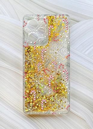 Чехол с плавающими блестками для xiaomi redmi note 12 pro plus золотой новогодний фон (принт 199)