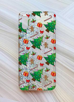 Чехол с плавающими блестками для xiaomi redmi 9a серебристый рождественский фон (принт 185)