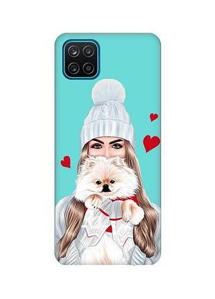 Матовий чохол з бірюзовими боками на samsung galaxy a12 :: дівчина з песиком (принт 142)