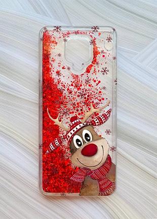 Чохол з плаваючими блискітками на xiaomi redmi note 9 pro/9 pro max/9s червоний зимове оленятко (принт 149)