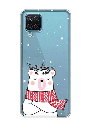 Прозрачный чехол на samsung a12 4g медведь в шарфе (новогодний принт 147)