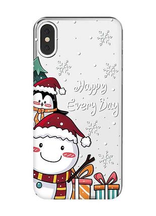 Прозорий чохол на iphone x / xs сніговик і пінгвін (новорічний принт 156)