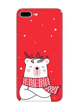 Матовый красный чехол на iphone 7 plus/8 plus :: медведь в шарфе (новогодний принт 147)