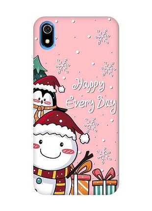 Матовый розовый чехол на xiaomi redmi 7a снеговик и пингвин (новогодний принт 156)