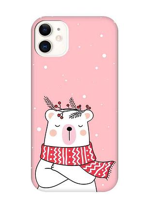 Матовый розовый чехол на iphone 11 :: медведь в шарфе (новогодний принт 147)