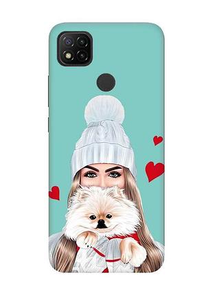 Матовый бирюзовый чехол на xiaomi redmi 9c / 10a девушка с собачкой (принт 142)