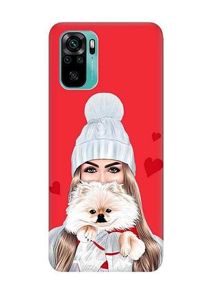 Матовий червоний чохол на xiaomi redmi note 10 / note 10s дівчина з песиком (принт 142)