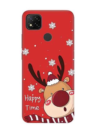 Матовый красный чехол на xiaomi redmi 9c/10a зимний оленёнок (принт 155)