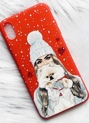 Матовый чехол с красными боками на iphone xs max :: девушка с собачкой (принт 142)