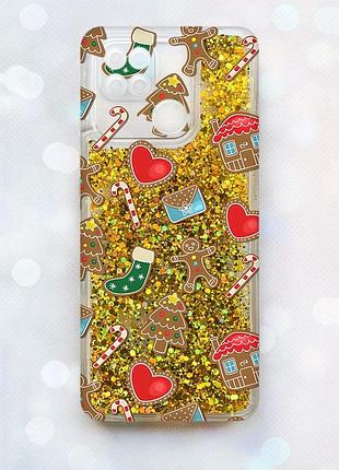 Чехол с плавающими блестками на xiaomi redmi 10с золотой :: рождественский фон (принт 181)