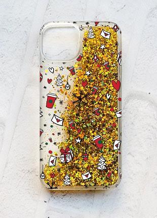 Чохол із плаваючими блискітками на iphone 13 золотий :: новорічний фон (принт 182)