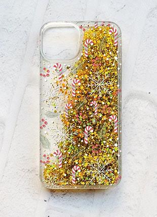 Чохол із плаваючими блискітками на iphone 13 золотий :: новорічний фон (принт 199)