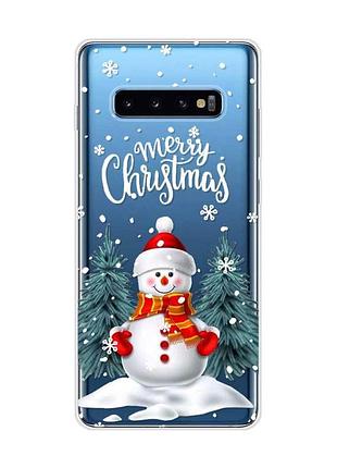 Прозрачный чехол на samsung galaxy s10 plus :: снеговик (новогодний принт 152)