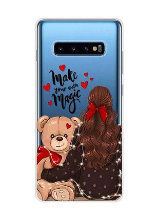 Прозрачный чехол на samsung galaxy s10 plus :: девушка с мишкой (принт 188)