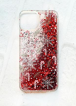 Чохол із плаваючими блискітками на iphone 14 червоний :: новорічний фон (принт 199)
